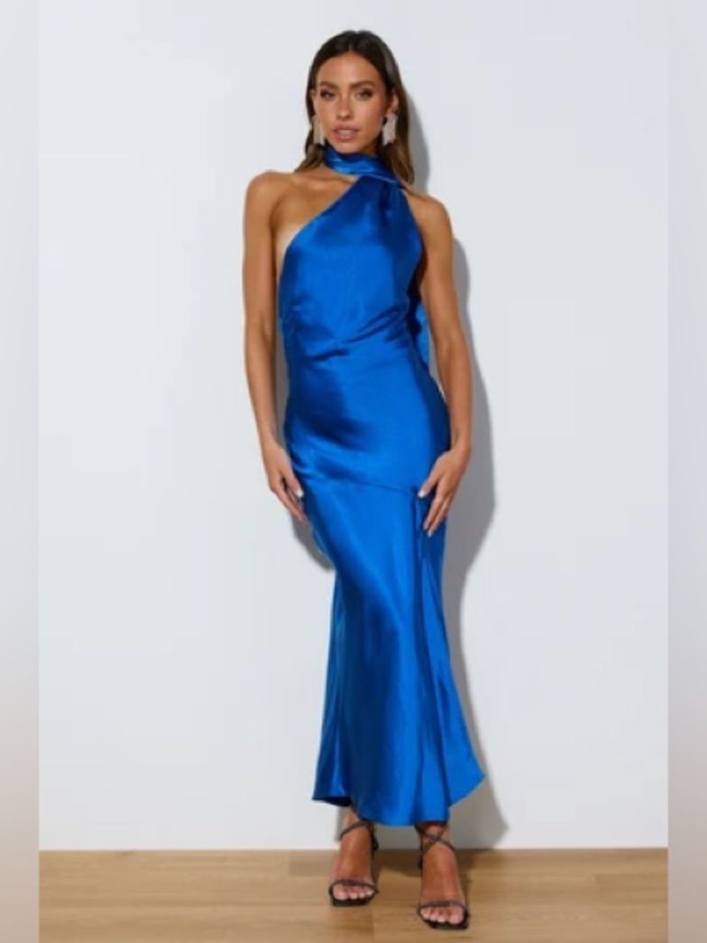 Hello Molly Royal Blue One-Shoulder Satin Midi Dress